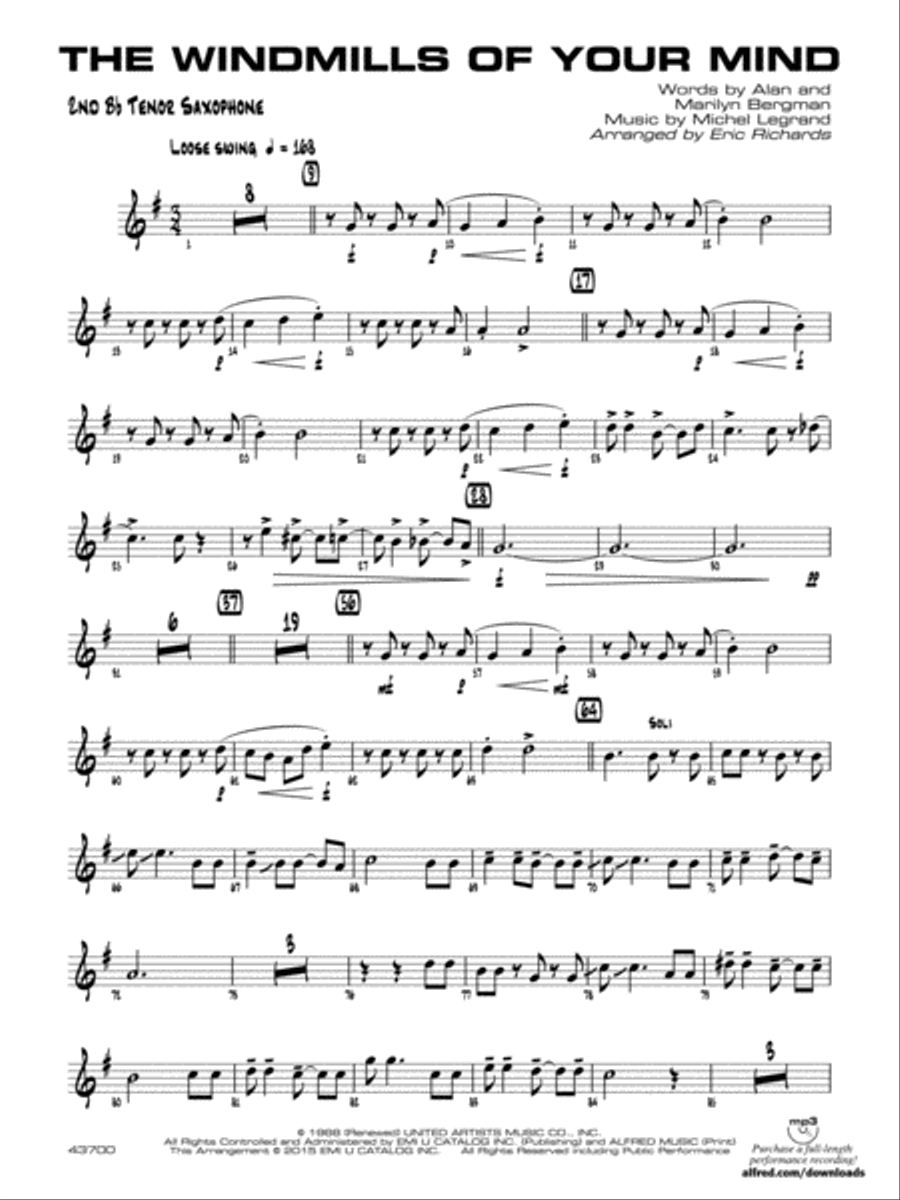 The Windmills of Your Mind: 2nd B-flat Tenor Saxophone Jazz Ensemble scores gallery preview page 1