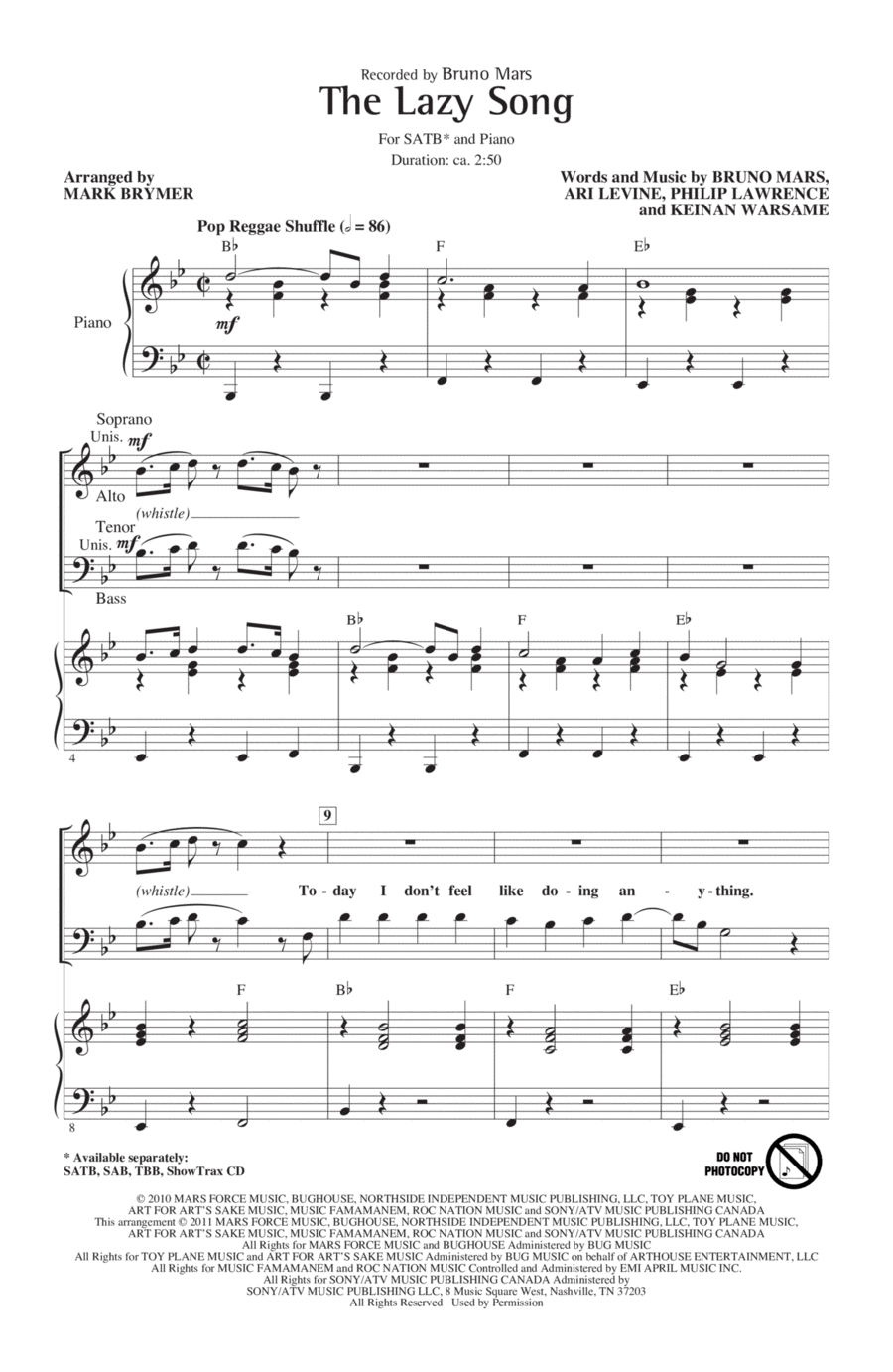 The Lazy Song (arr. Mark Brymer) 4-Part scores gallery preview page 1
