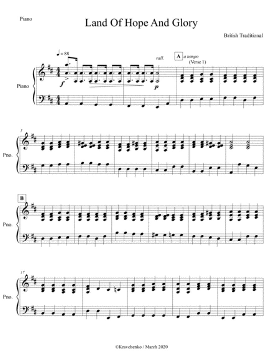 "Land of Hope and Glory" arr. for piano and string quartet (score and parts)