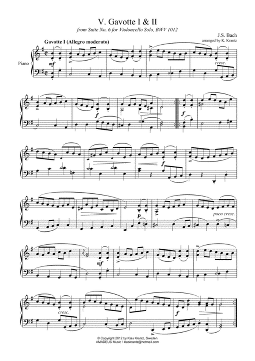 Gavotte 1 & 2 BWV 1012 for piano solo image number null