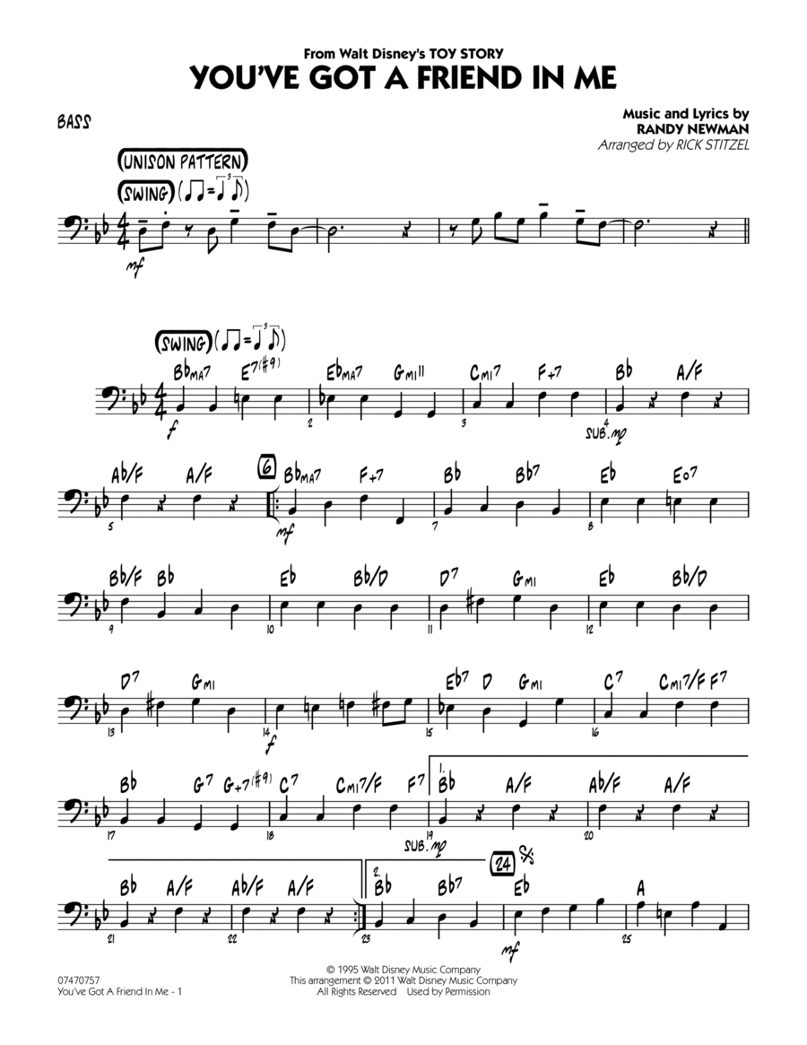 You've Got A Friend In Me (Wheezy's Version) (from Toy Story 2) (arr. Rick Stitzel) - Bass Jazz Ensemble scores gallery preview page 1