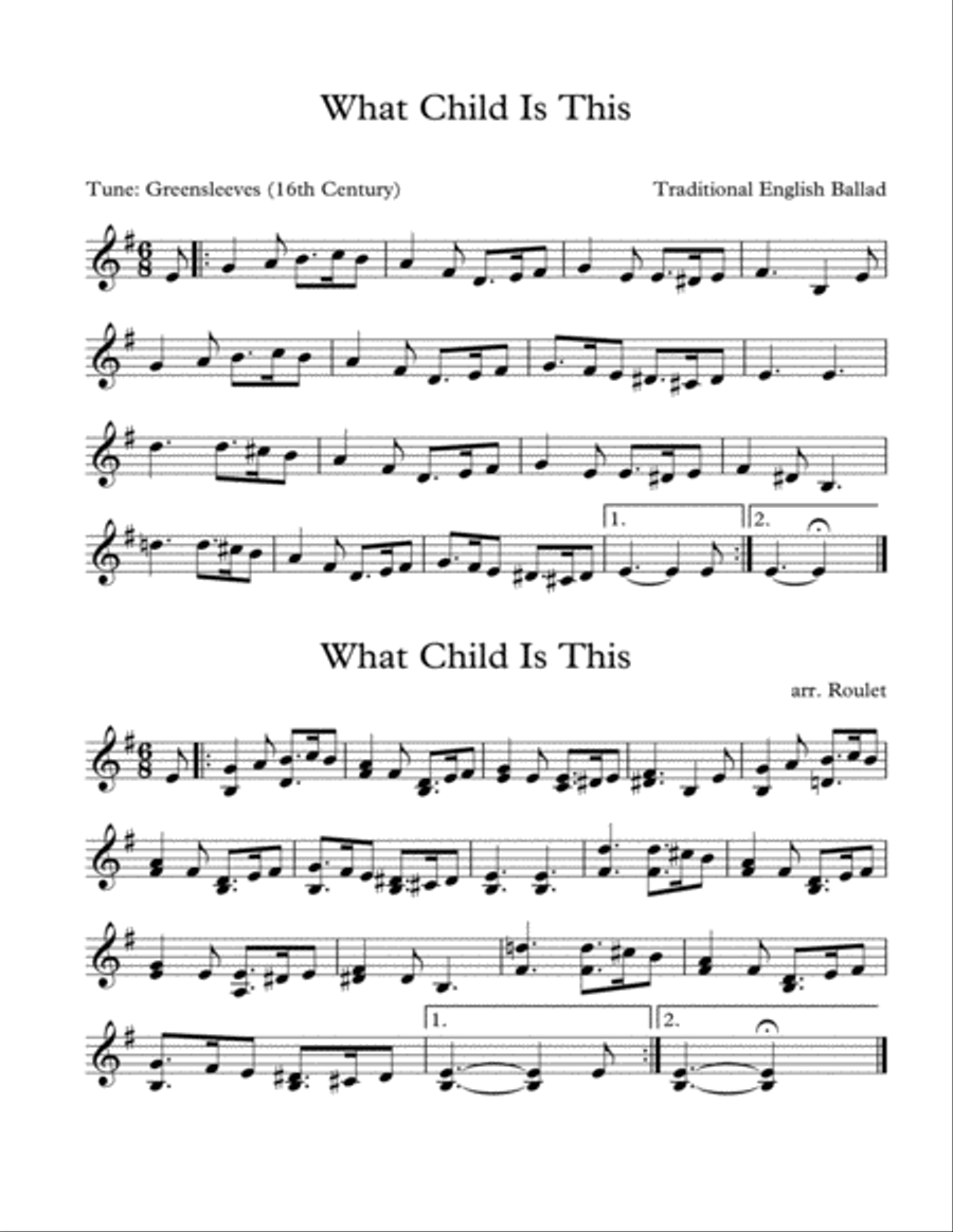 What Child Is This (arr. Patrick Roulet) Christmas scores gallery preview page 1
