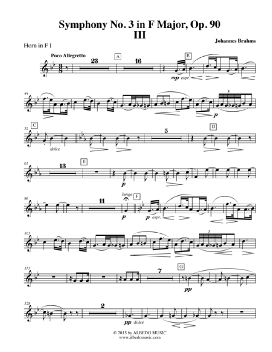 Brahms Symphony No. 3, Movement III - Horn in F 1 (Transposed Part), Op. 90 Horn Solo scores gallery preview page 1