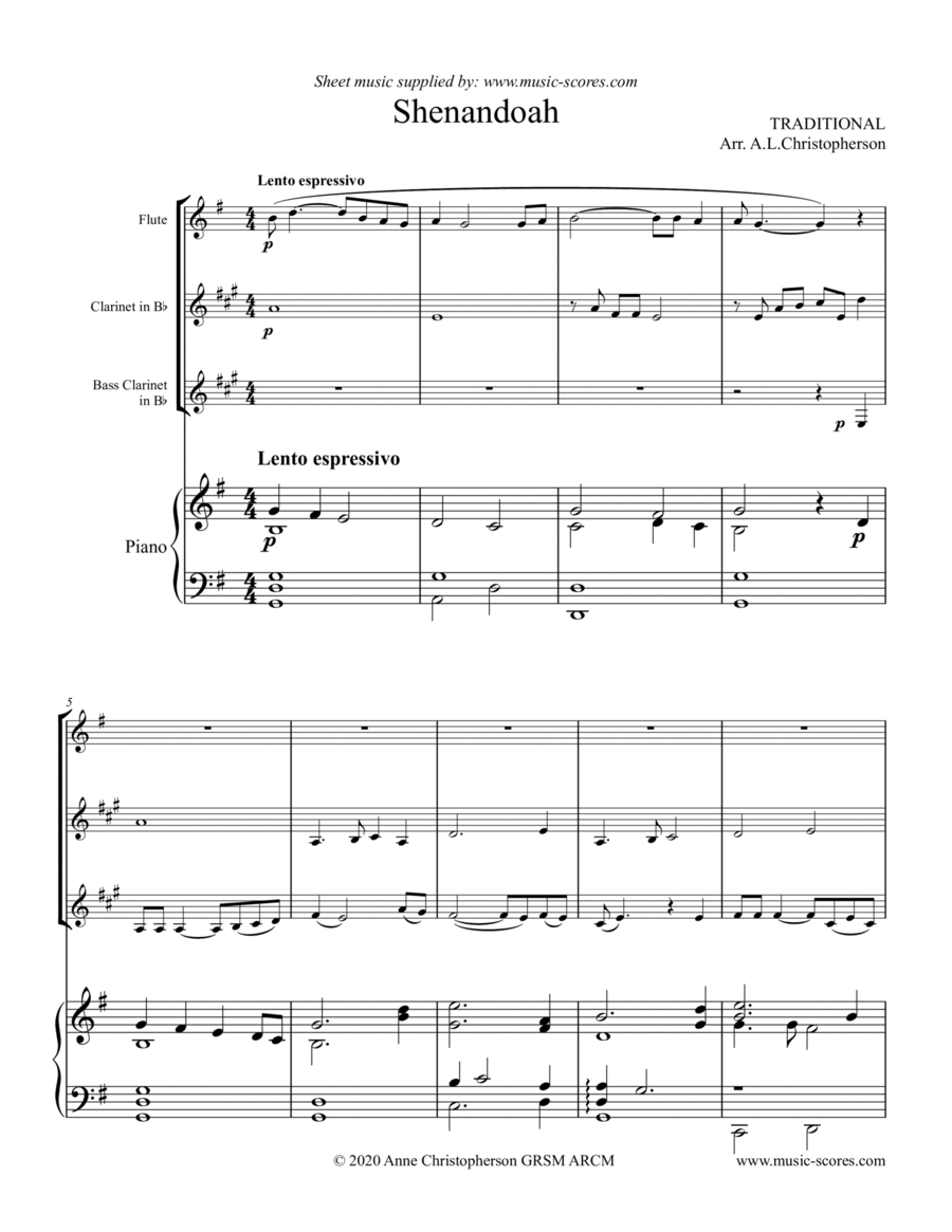 Shenandoah - Flute, Clarinet, Bass Clarinet and Piano Bass Clarinet scores gallery preview page 1