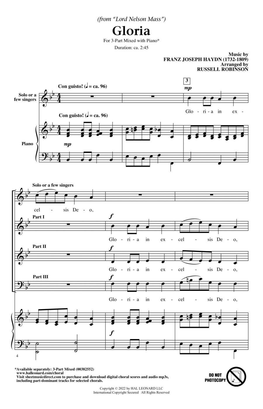 Gloria (from Lord Nelson Mass) (arr. Russell Robinson) 3-Part scores gallery preview page 1