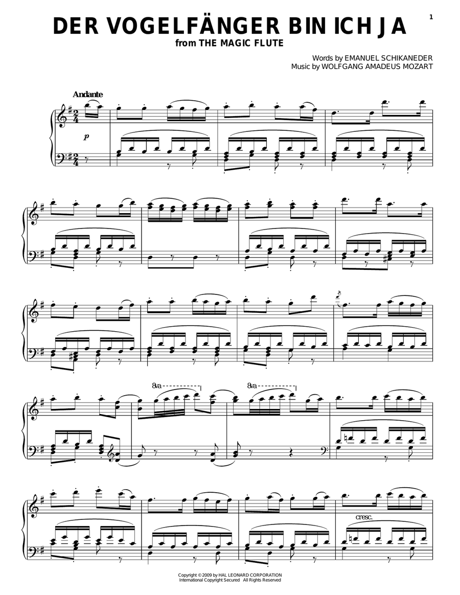 Der Vogelfanger Bin Ich Ja Piano, Vocal, Guitar scores gallery preview page 1