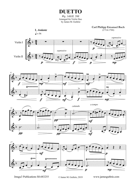 CPE Bach: Duetto Wq. 140 for Violin Duo image number null