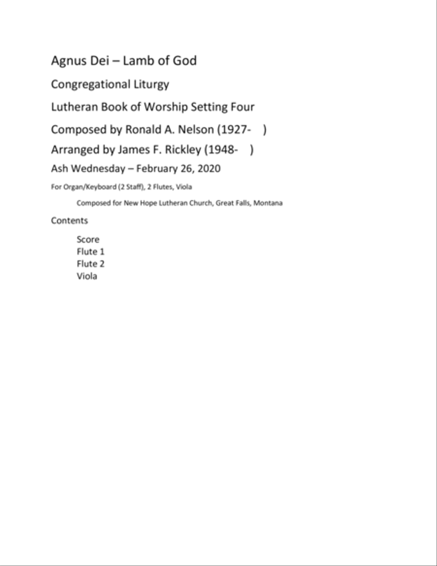 Agnus Dei - Lamb of God, Liturgical Setting 4, Variant 2 Unison Choir scores gallery preview page 1