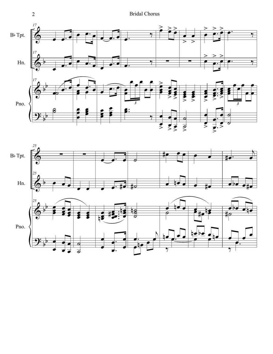 Bridal Chorus (Duet for Bb-Trumpet and French Horn - Piano Accompaniment) Brass Duet scores gallery preview page 3