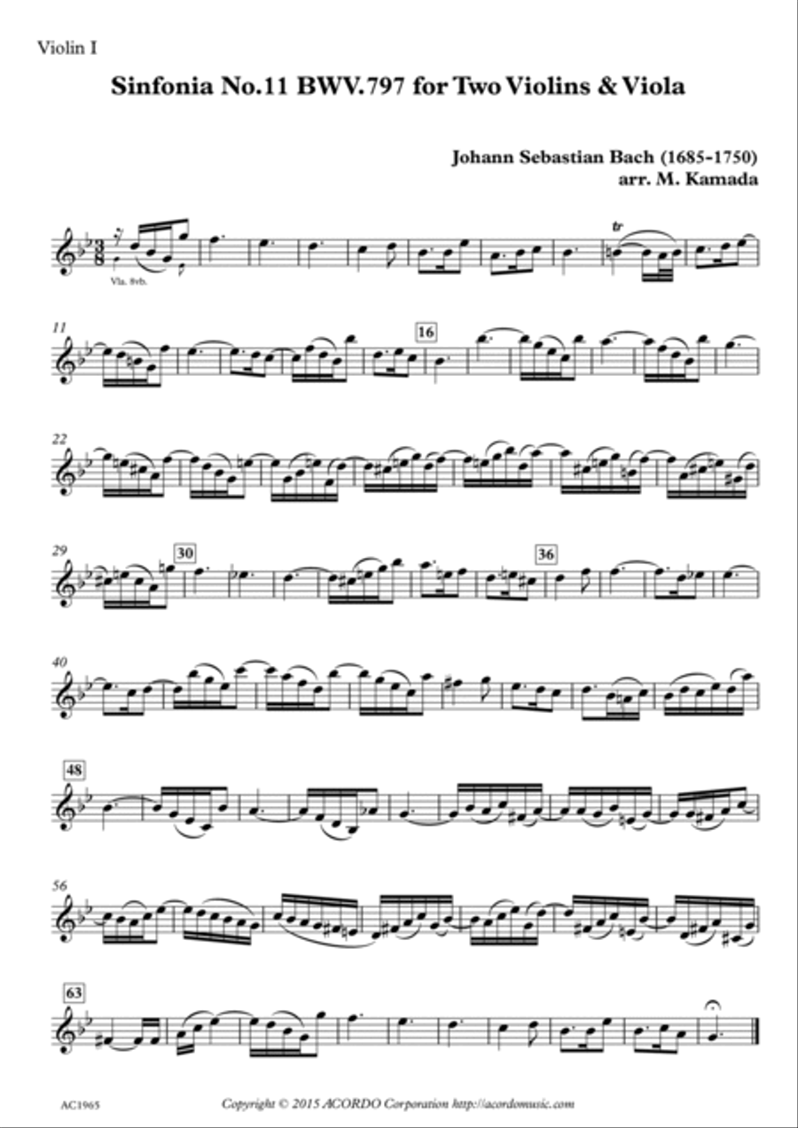 Sinfonia No.11 BWV.797 for Two Violins & Viola String Duet scores gallery preview page 3
