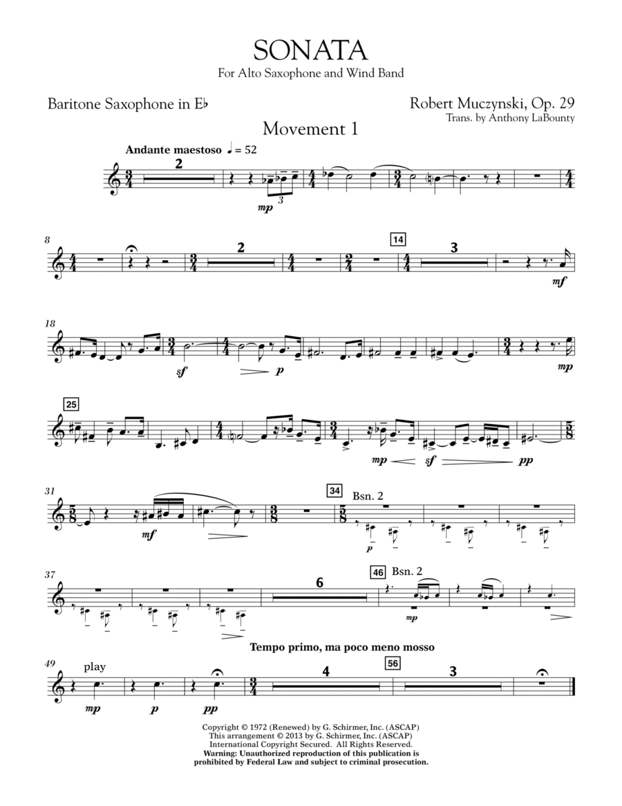 Sonata for Alto Saxophone, Op. 29 - Eb Baritone Saxophone