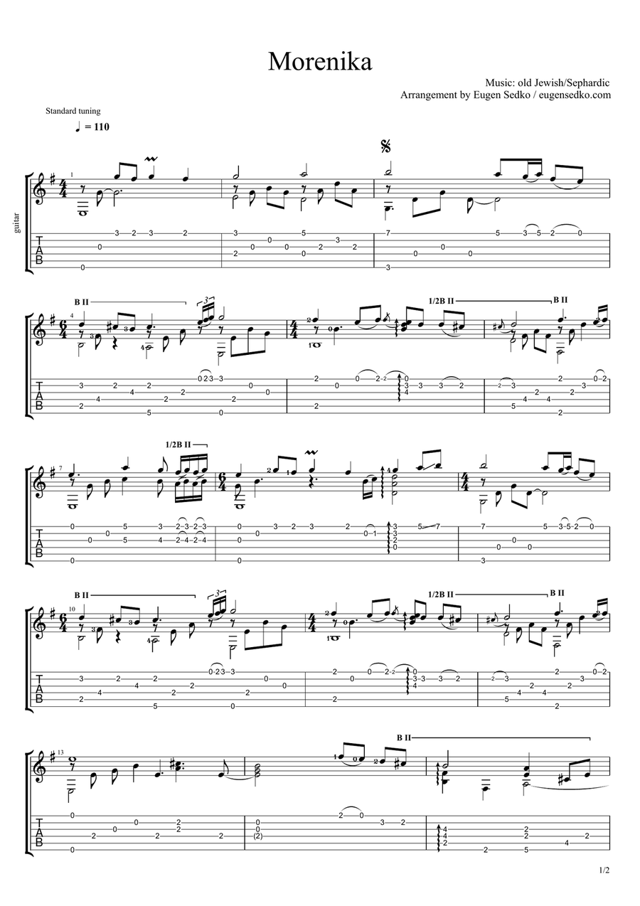 Morenika / שחרחורת - Jewish/Sephardic song, solo guitar arrangement, notes & tabs Acoustic Guitar scores gallery preview page 1