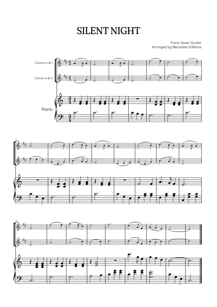 Silent Night for clarinet in Bb duet with piano accompaniment • easy Christmas song sheet music image number null