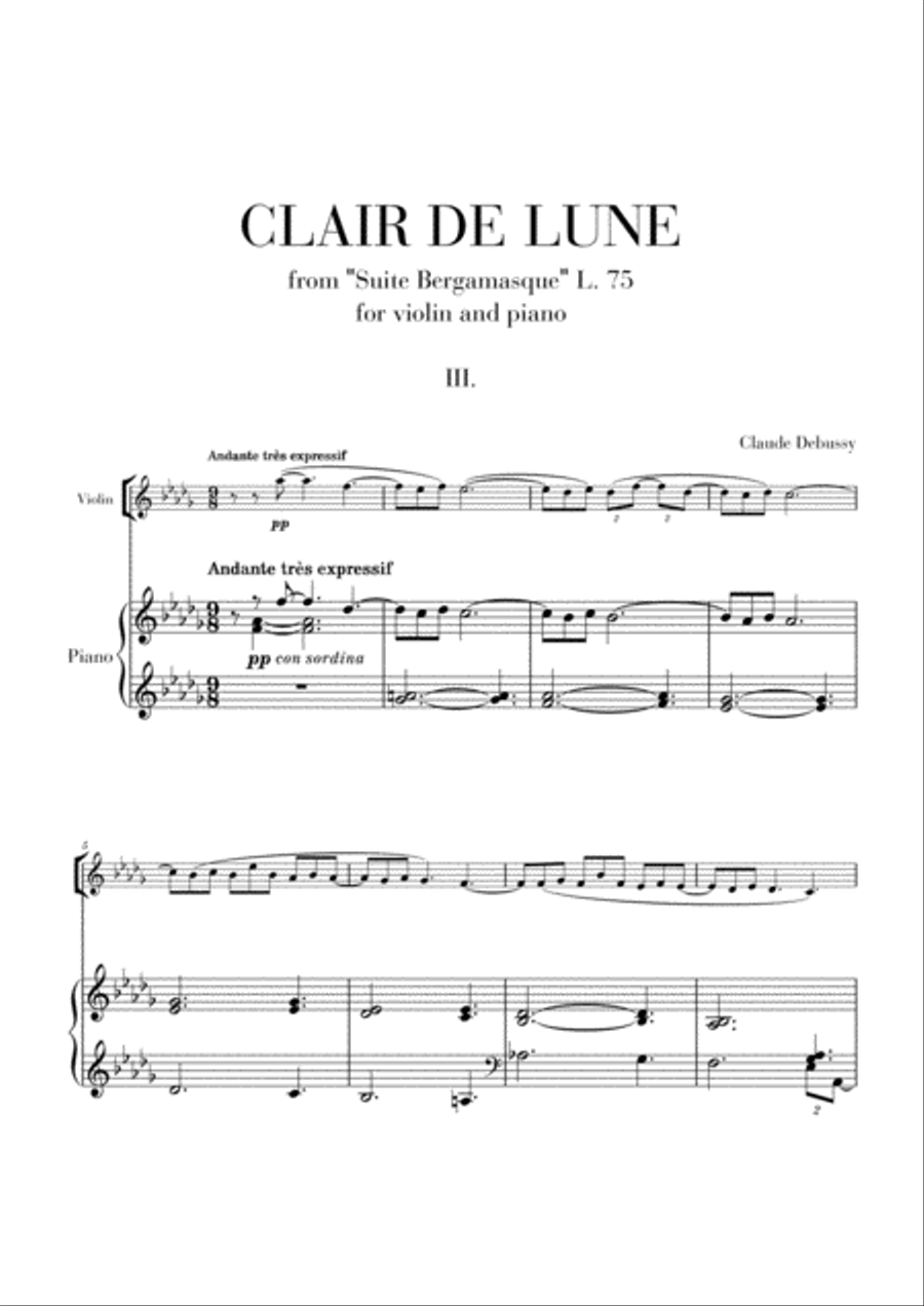 Clair de Lune for Violin and Piano (from Suite Bergamasque) Violin scores gallery preview page 1