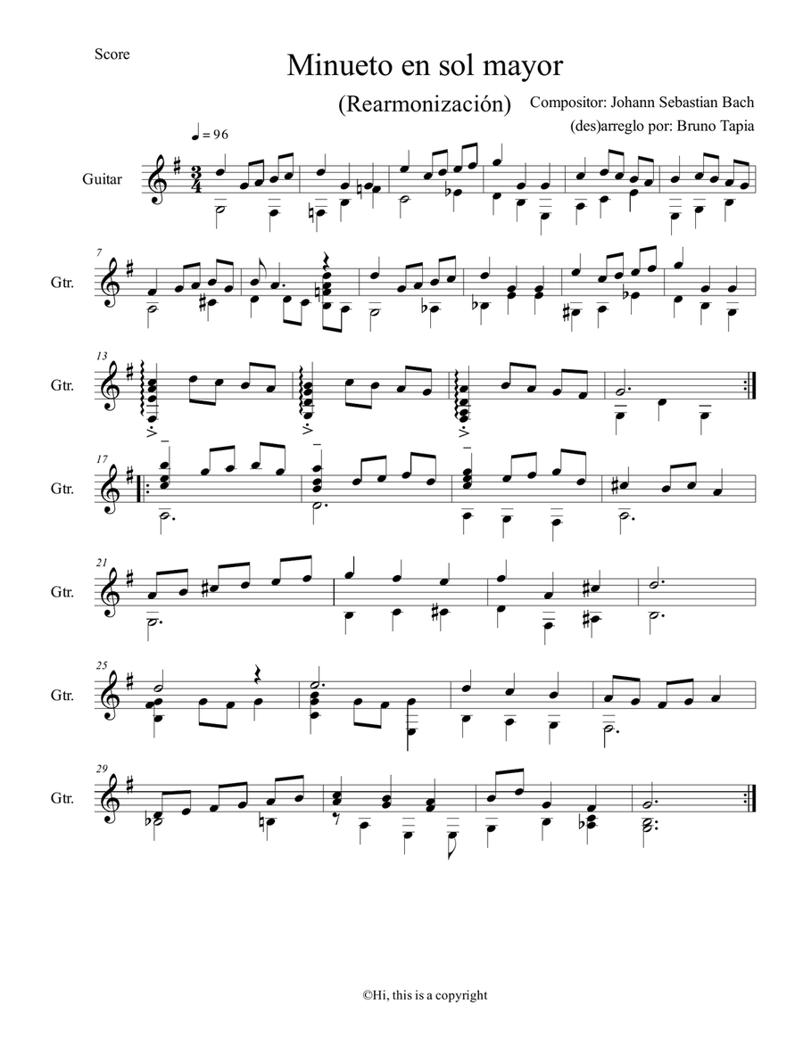Minueto en sol mayor rearmonizado Electric Guitar scores gallery preview page 1