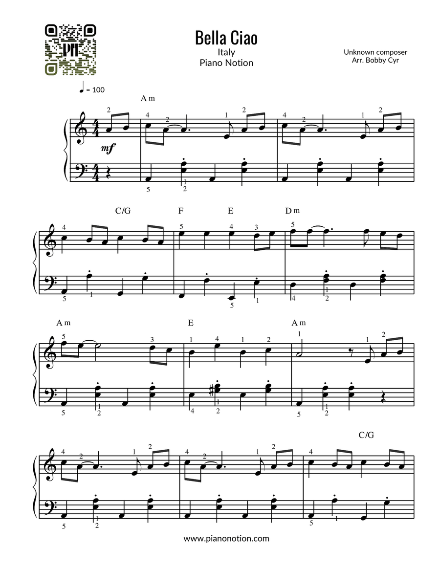 Bella Ciao - Money Heist - La Casa de papel (Piano Solo) Easy Piano scores gallery preview page 1
