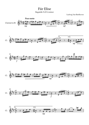Book cover for Für Elise (Complete) - Solo Bb Clarinet (Transposed)