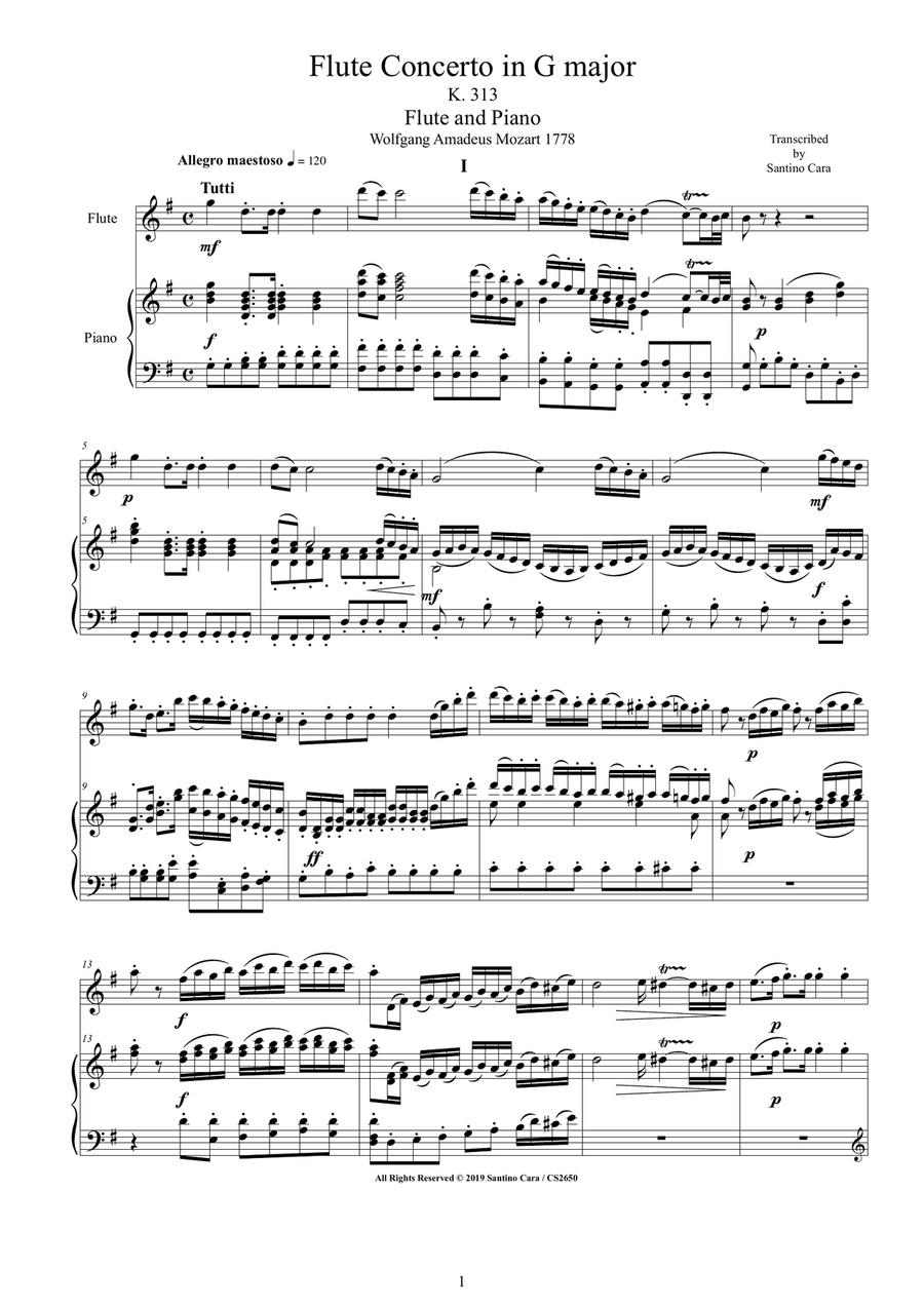 Mozart Flute Concerto in G major K 313 for Flute and Piano Score and Part