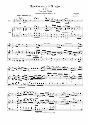 Mozart - Flute Concerto in G major K 313 for Flute and Piano - Score and Part