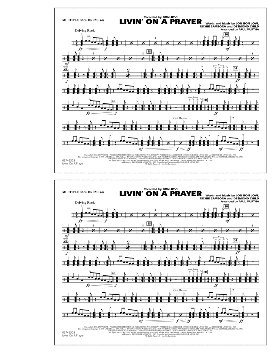 Livin' on a Prayer - Multiple Bass Drums Marching Band scores gallery preview page 1