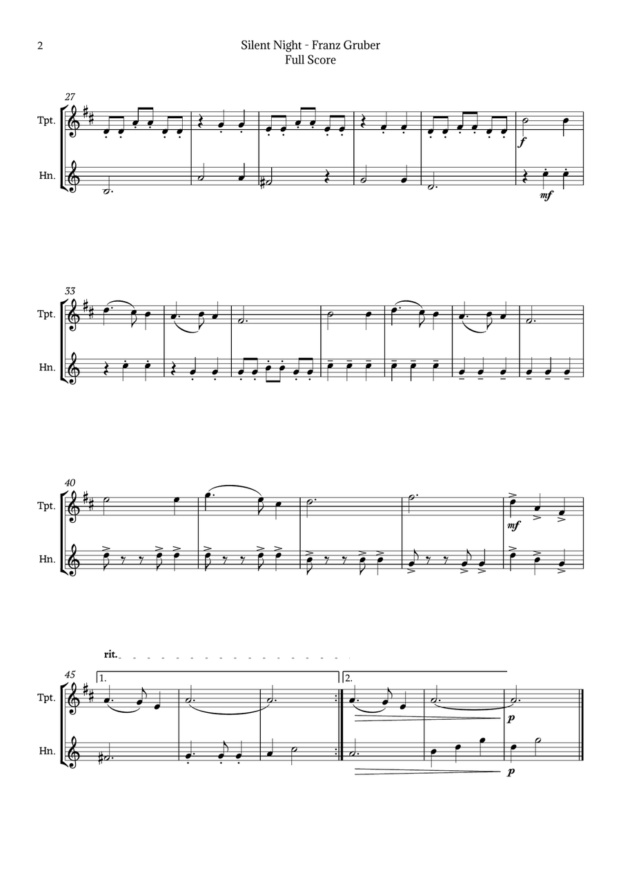 Silent Night for Trumpet and French Horn Duet Brass Duet scores gallery preview page 2