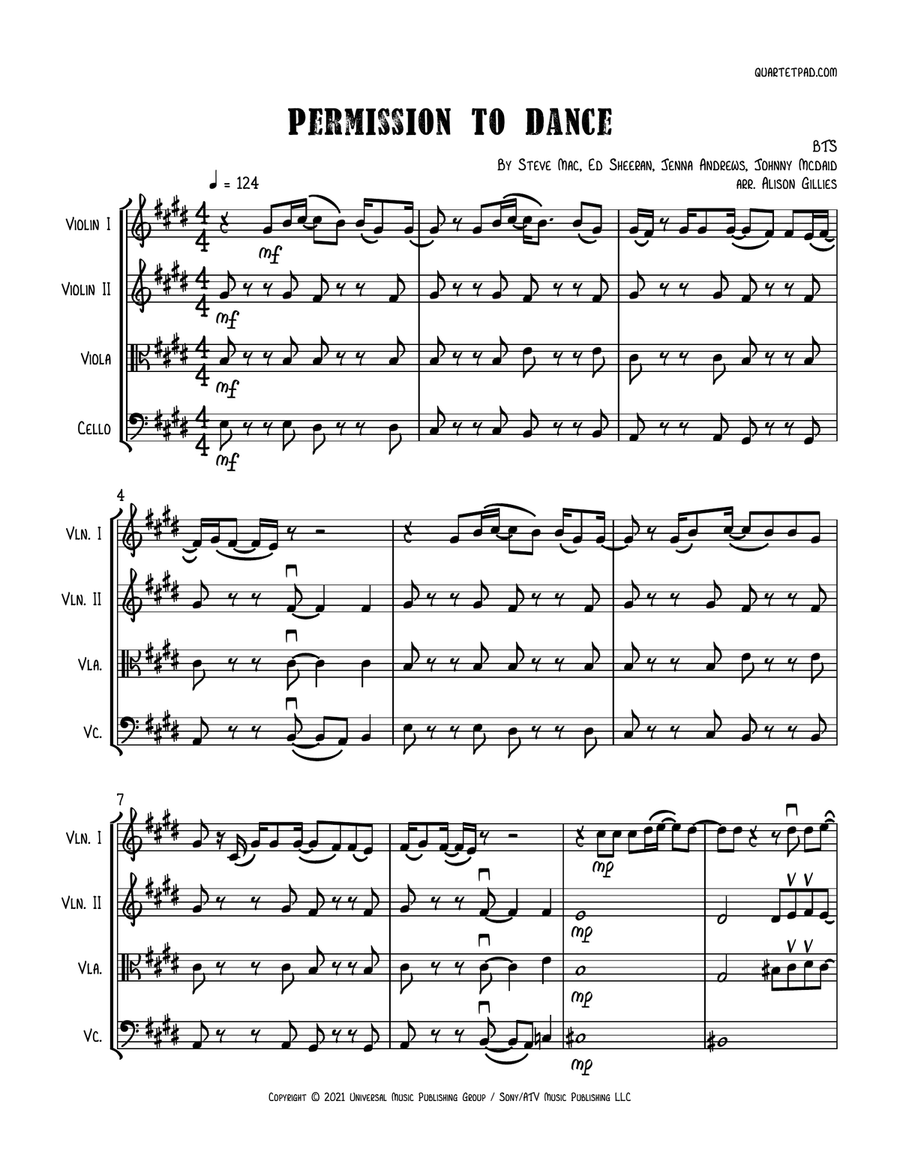 Permission To Dance String Quartet scores gallery preview page 1
