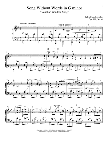 Song Without Words In G Minor "Venetian Gondola Song," Op. 19, No. 6