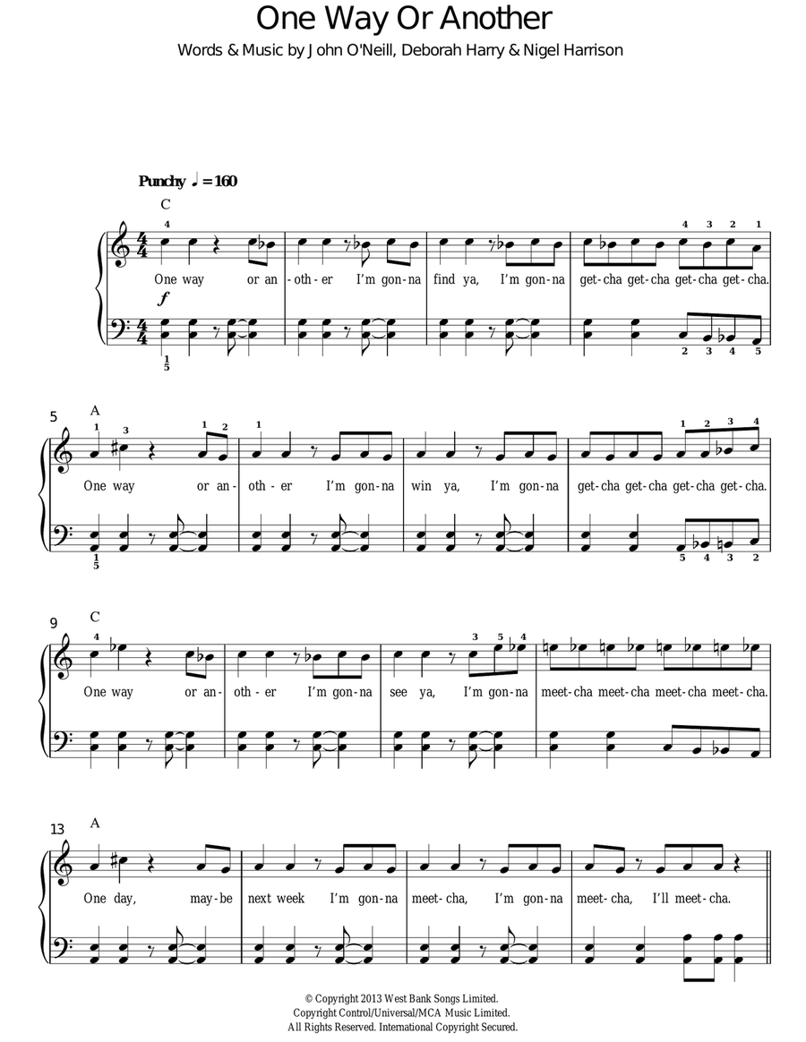One Way Or Another (Teenage Kicks) Easy Piano scores gallery preview page 1