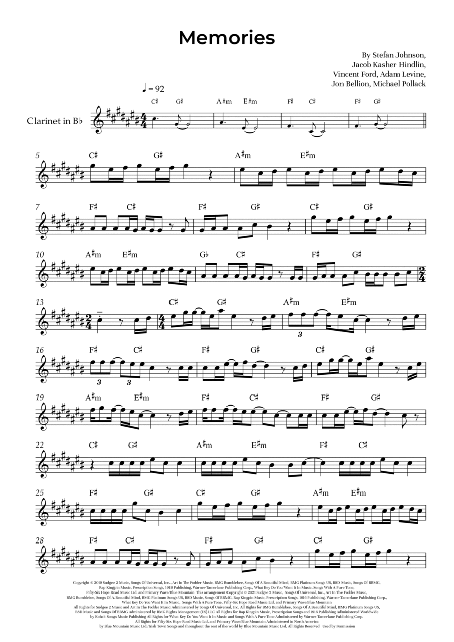 Memories B-Flat Clarinet scores gallery preview page 1