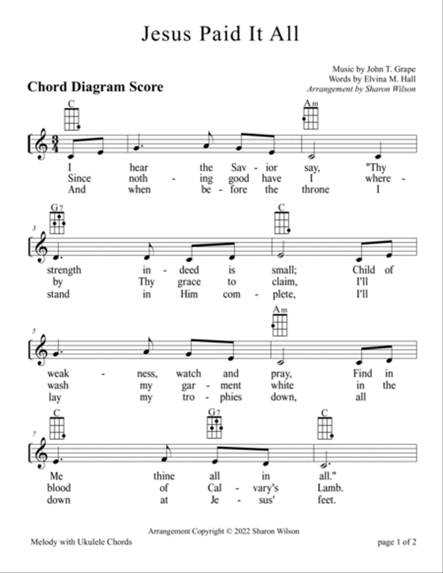 Jesus Paid It All for Ukulele (Chords, TAB, Melody, and Lyrics with optional Piano Accompaniment) Voice scores gallery preview page 5