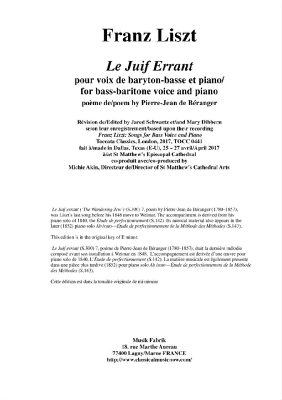 Franz Liszt: Le Juif Errant for bass-baritone and piano, original key of e minor Bass Voice scores gallery preview page 1