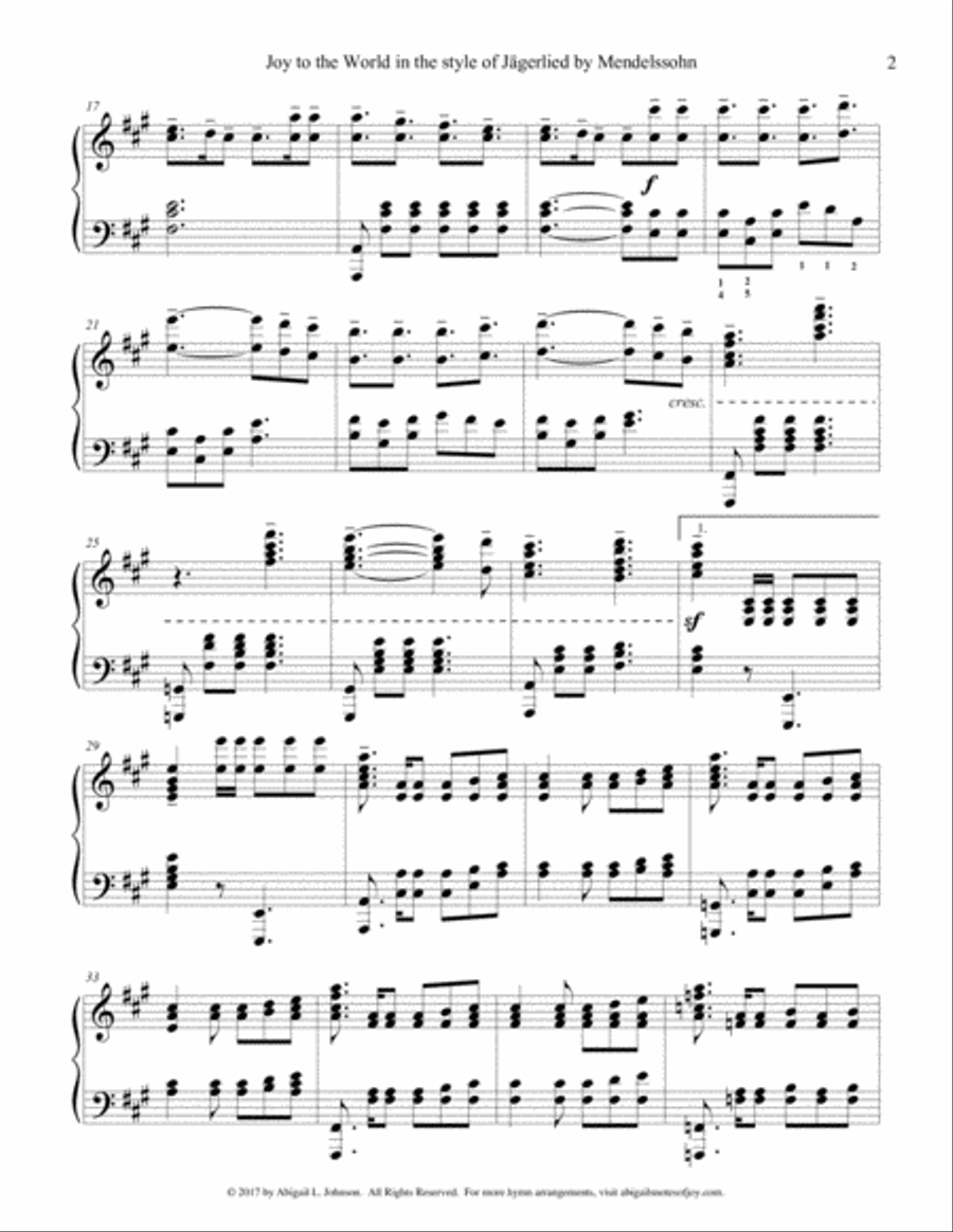 Joy to the World in the style of Mendelssohn's Jägerlied Piano Solo scores gallery preview page 2