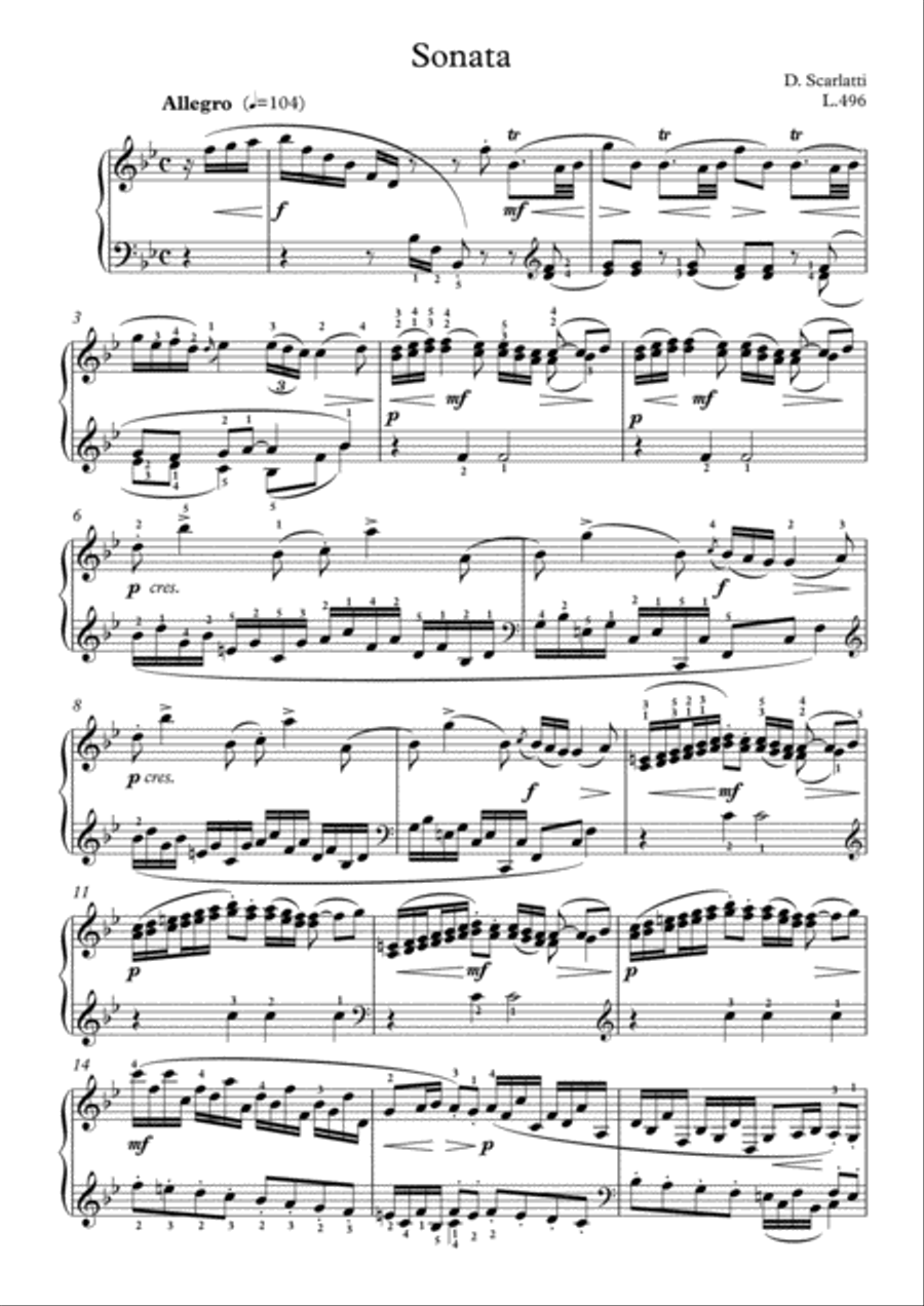 Scarlatti-Sonata in B-Major L.496 K.66(piano) Piano Solo scores gallery preview page 2