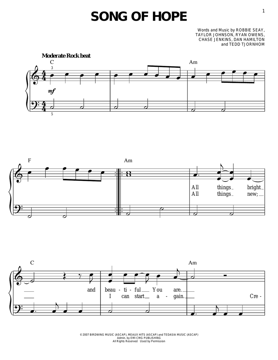 Song Of Hope Easy Piano scores gallery preview page 1