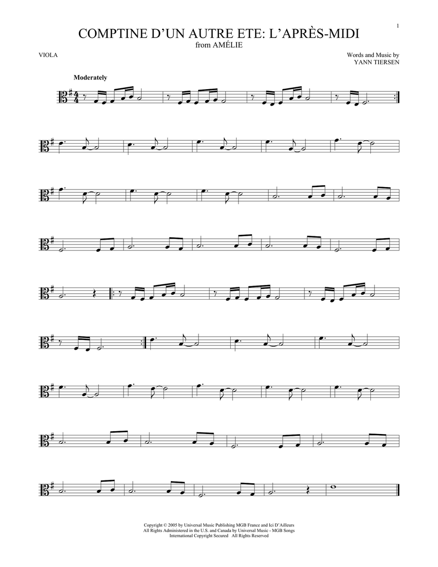 Comptine d'un autre été: L'après-midi (from Amelie) Viola Solo scores gallery preview page 1