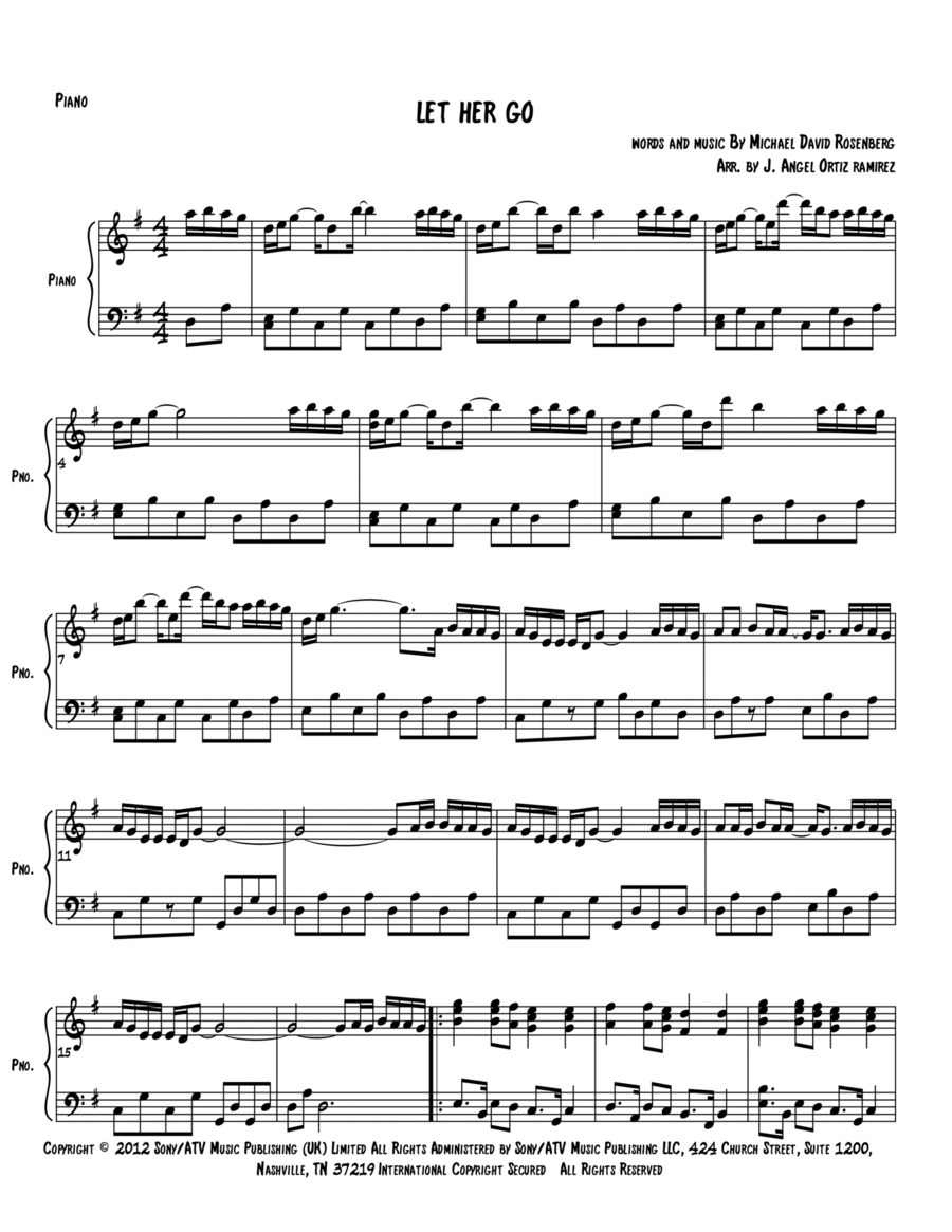 Let Her Go Let Her Go Easy Piano scores gallery preview page 1