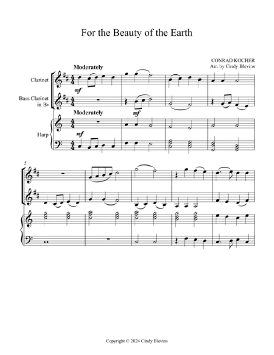 For the Beauty of the Earth, for Clarinet, Bass Clarinet and Harp Small Ensemble scores gallery preview page 2