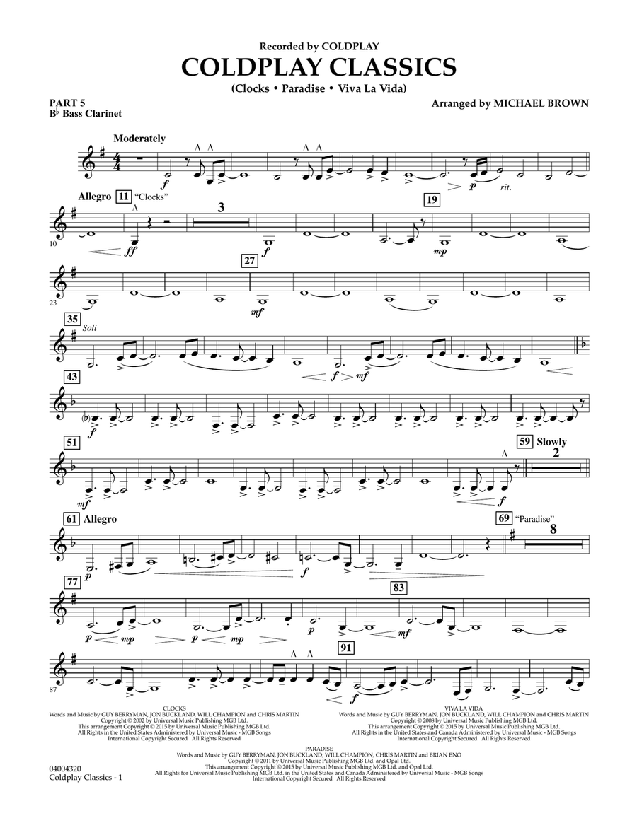 Coldplay Classics - Pt.5 - Bb Bass Clarinet Concert Band scores gallery preview page 1