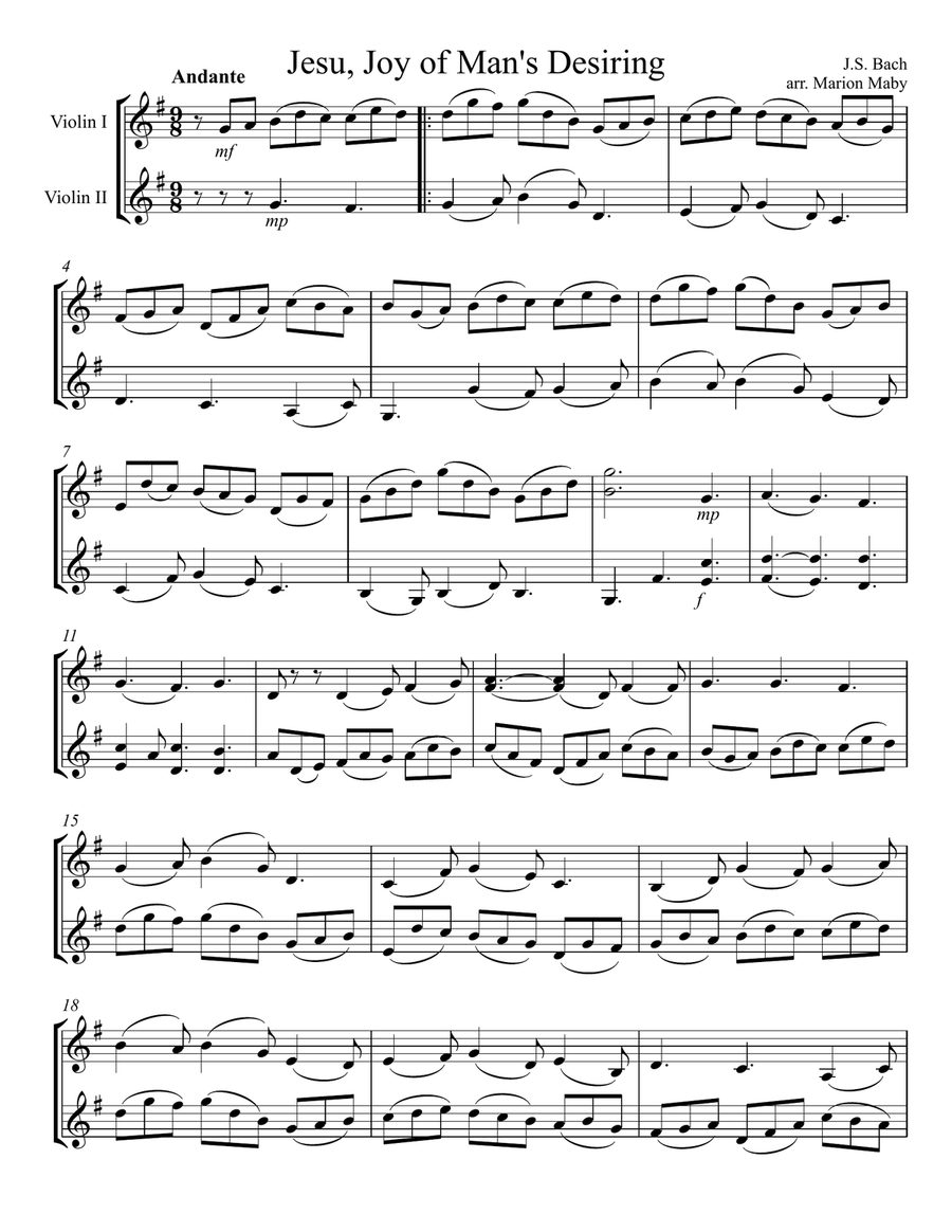Jesu, Joy of Man's Desiring, for violin duet String Duet scores gallery preview page 1