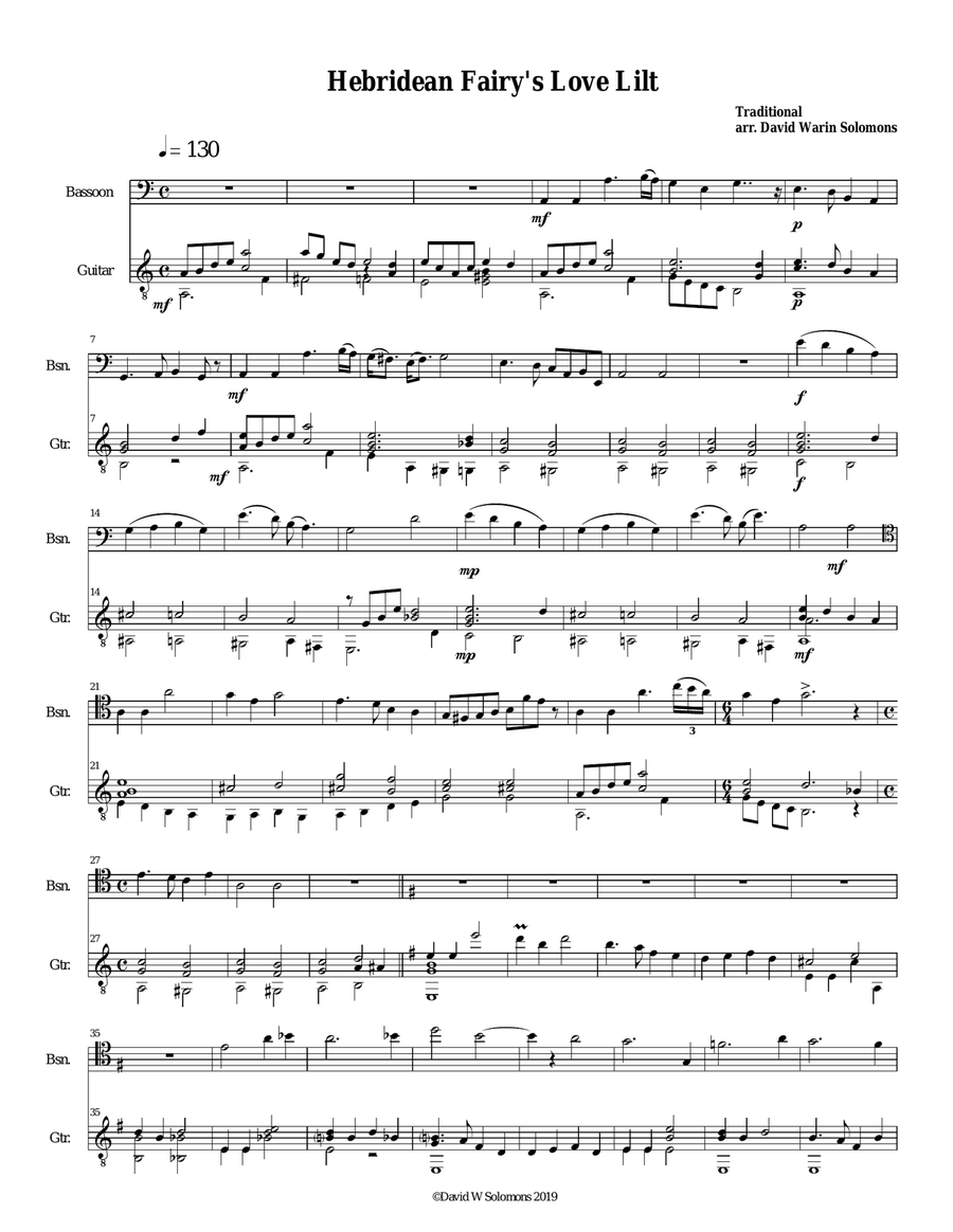 Hebridean fairy's love song (Tha Mi sgith) arranged for bassoon and guitar Bassoon scores gallery preview page 1