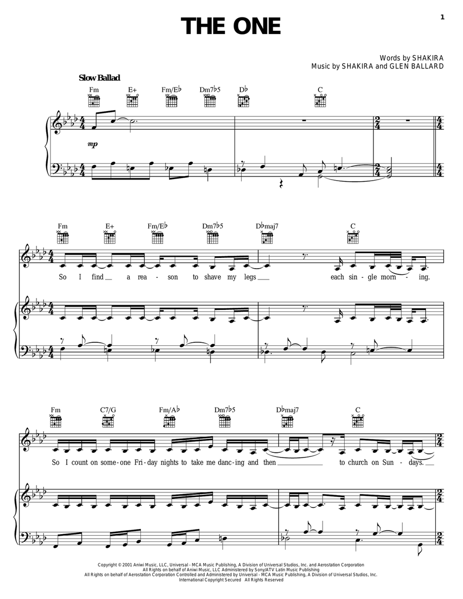 The One The One Piano, Vocal, Guitar scores gallery preview page 1