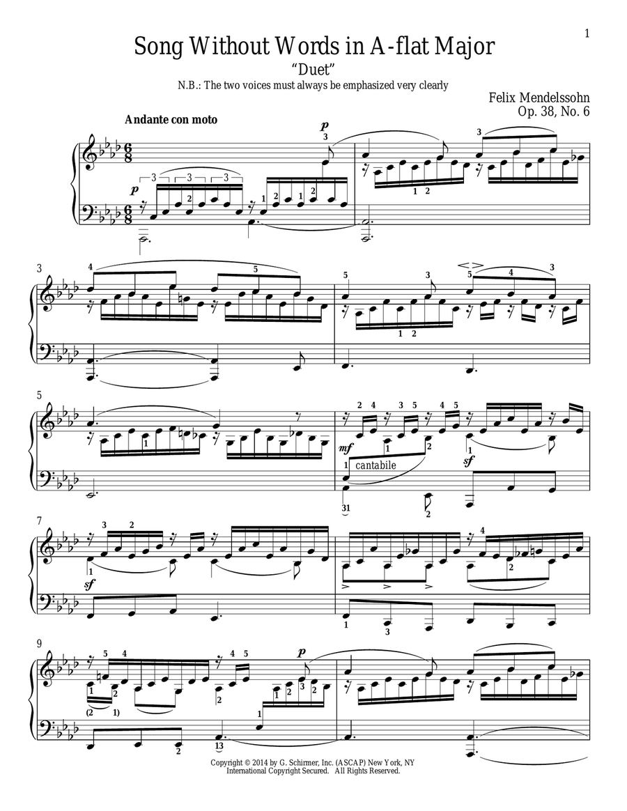 Song Without Words In A-Flat Major, "Duet," Op. 38, No. 6