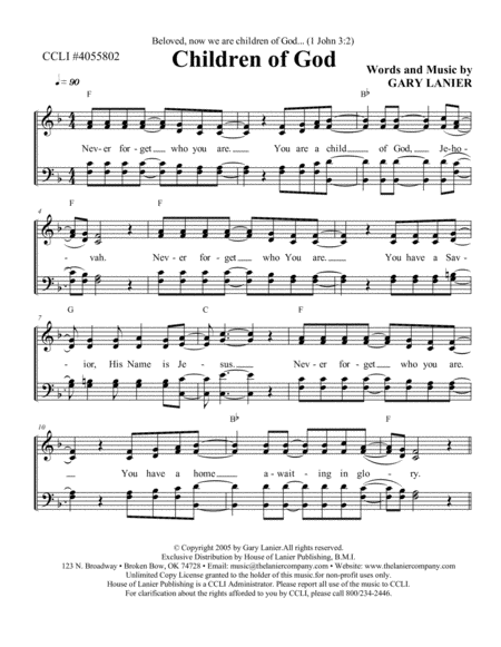 CHILDREN OF GOD, Worship Hymn Sheet (Includes Melody, Lyrics, 4 Part Harmony & Chords) image number null