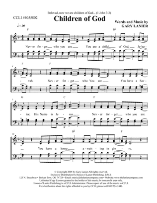 CHILDREN OF GOD, Worship Hymn Sheet (Includes Melody, Lyrics, 4 Part Harmony & Chords)