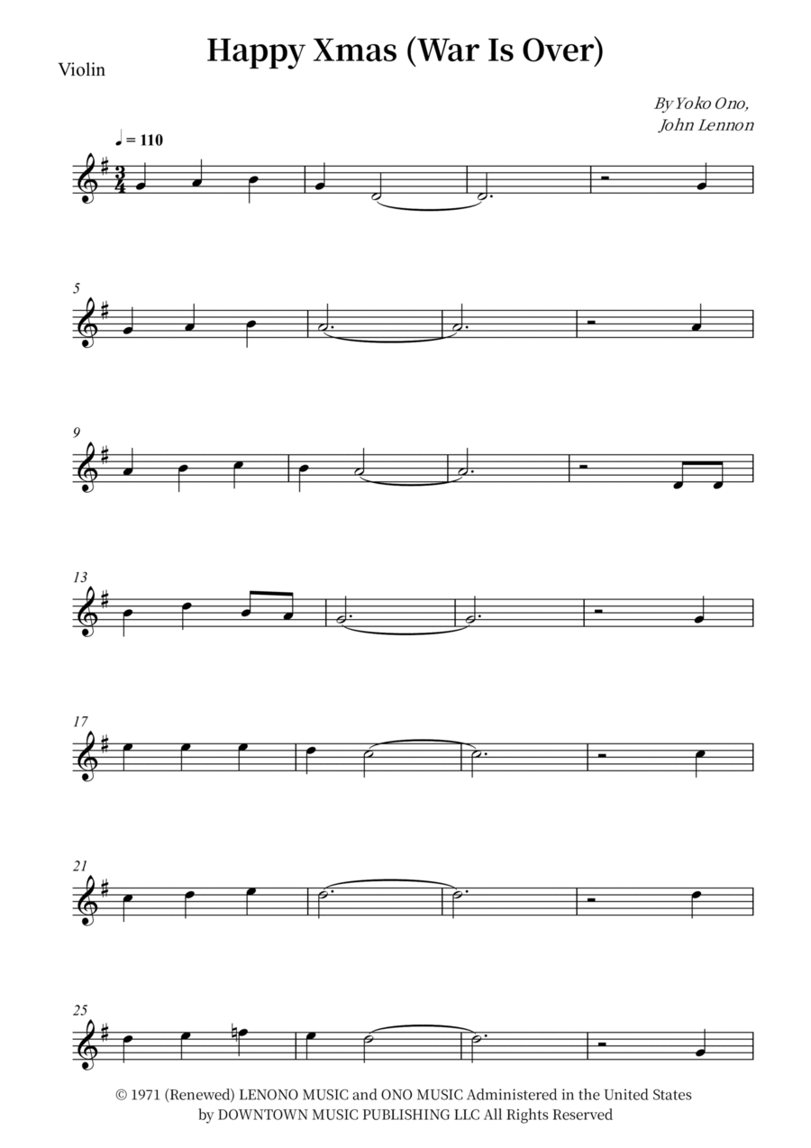 Happy Xmas (War Is Over) Violin Solo scores gallery preview page 1