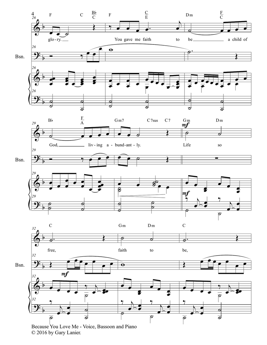 Gary Lanier: BECAUSE YOU LOVE ME (Worship - For Voice, Bassoon and Piano) Small Ensemble scores gallery preview page 5