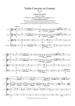 Vivaldi - Violin Concerto in G minor RV 316 Op.4 No.6 for Strings Quartet