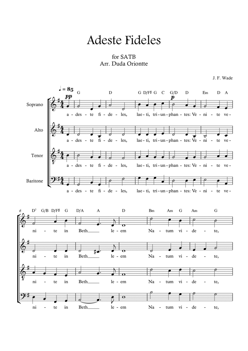 Adeste Fideles (SABT - G major - 4 staffs - no piano - with chords) O Come All Ye Faiful image number null