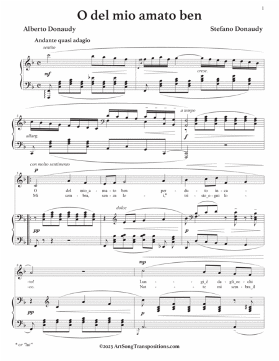 DONAUDY: O del mio amato ben (transposed to F major) Voice scores gallery preview page 2