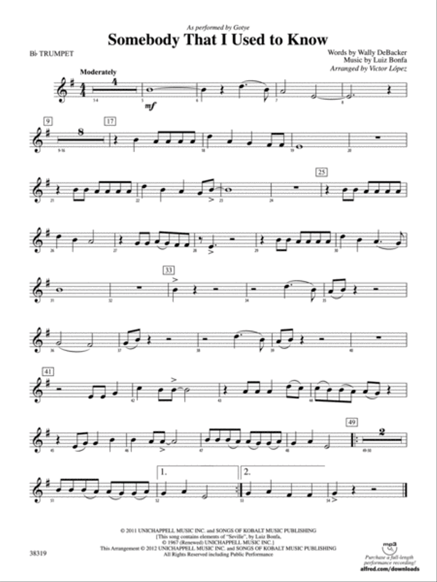 Somebody That I Used to Know: 1st B-flat Trumpet Concert Band scores gallery preview page 1